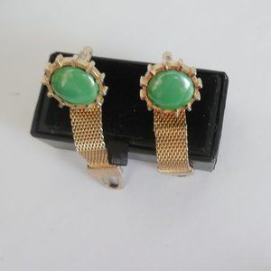 Vintage Green  Cuff Links Gold Tone Mesh Wrap Around